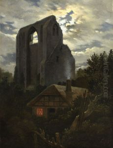 Ruine Eldena mit Hutte bei Greifswald im Mondschein by Carl Gustav Carus