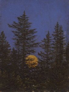 Rising full moon behind fir trees by Carl Gustav Carus