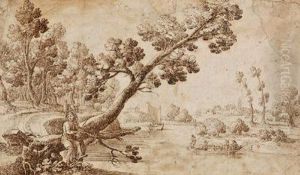 Landschaft An Einem Flus Mit Einem Grosen Baum Im Vordergrund by Remigio Cantagallina