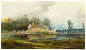 Teich mit Wald und Hausern by Carl Blechen