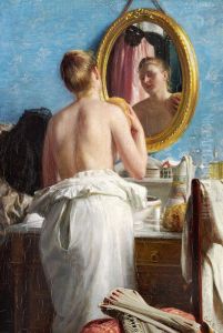 A young woman washing before a carnival. by Carl Heinrich Bloch