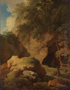 Paysage et rochers, un ermite se repose a l'entree d'une grotte