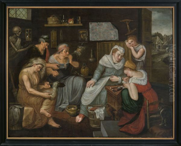 Paneelschildering "Allegorische scene met de drie schikgodinnen" olieverf op eikenhout door een onbekende schilder uit de omgeving van Frans Floris de Vriendt, ca. 1570 of iets later, Antwerpen - view 1