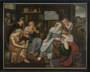 Paneelschildering "Allegorische scene met de drie schikgodinnen" olieverf op eikenhout door een onbekende schilder uit de omgeving van Frans Floris de Vriendt, ca. 1570 of iets later, Antwerpen by Frans Floris I