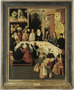 Paneelschildering "De bruiloft te Kana" olieverf op eikenhout, navolger van Jheronimus Bosch, ca. 1550 by Hieronymous Bosch