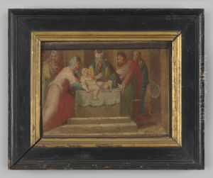Paneelschildering "De opdracht in de tempel" op hout door een navolger van Domenico Beccafumi, tweede helft 16de eeuw by Domenico Beccafumi