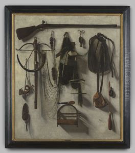 Schildering "Jachtstilleven a trompe l'oeil" op linnen door Christoffel Pierson, 1650