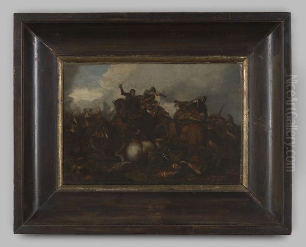 Schildering "Veldslag" olieverf op hout, door Georg Philipp Rugendas, ingelijst - view 1