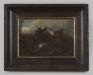 Schildering "Veldslag" olieverf op hout, door Georg Philipp Rugendas, ingelijst by Rugendas, Georg Philipp I