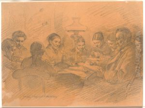 The Johan Lange family gathered around the lamp by Joakim Skovgaard