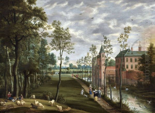 Landscape with elegant Figures strolling near an Estate - view 1
