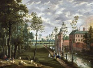 Landscape with elegant Figures strolling near an Estate by Izaak van Oosten