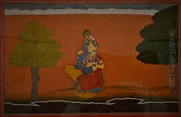 Radha and Krishna sitting on the banks of Yamuna. - view 1