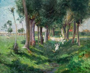 Landscape with trees and geese by Karl Mediz
