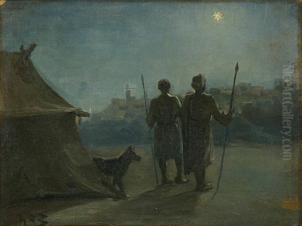 Oriental scenery with two guards in front of a tent. - view 1