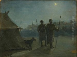 Oriental scenery with two guards in front of a tent. by H. A. Brendekilde