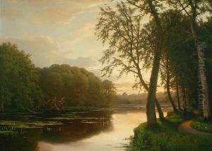 Summer landscape at a river at sunset. by Eiler Rasmussen Eilersen