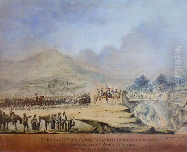 El Batallon Numancia recibe la Bandera del Ejercito Libertador al momento de pasar el puente de Huaura - view 1