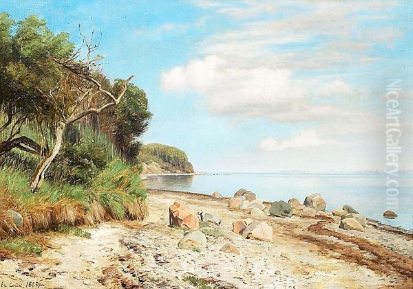 A coastal scene, in the background a sailing ship. - view 1