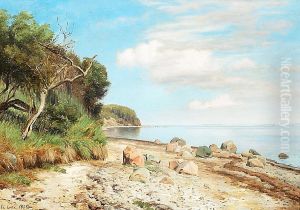 Kystparti, i baggrunden sejlskib. by Janus Andreas Bartholin La Cour