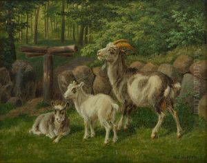 Goats by a stone fence. by Andreas Peter Madsen