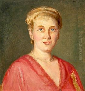 Portaet af en dame i rod kjole med perlekaede. by Michael Peter Ancher