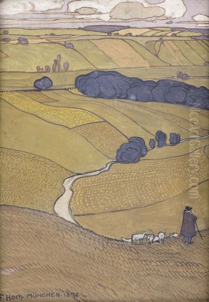 Shepherd with herd in hilly landscape with high horizon - view 1