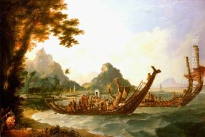 The War-Boats of the island of Otaheite (Tahiti), and the Society Islands, with a View of part of the Harbour of Ohameneno (Haamanino), May 1774. by William Hodges