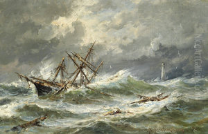 A ship in distress off the coast, in the background a lighthouse A ship in distress off the coast, in the background a lighthouse