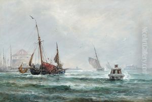Marine med sejlskibe under indsejling til Frederikshavn Havn by Holger Drachmann
