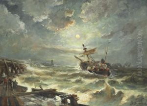 Coastal scene with moonlight and a ship in rough sea off the pier