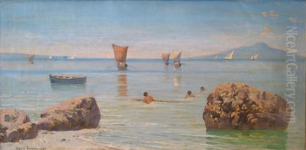 Coastal view from Capri with children bathing, Vesuvius in the background. - view 1