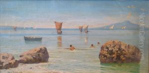 Coastal view from Capri with children bathing, Vesuvius in the background. by Holger H. Jerichau