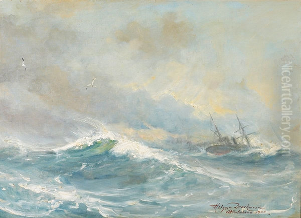 Seascape with a ship on a stormy ocean. - view 1