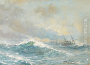Seascape with a ship on a stormy ocean. Seascape with a ship on a stormy ocean.