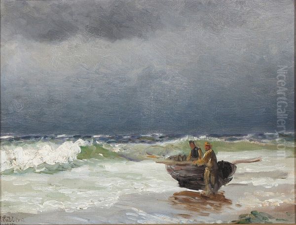 A stormy day with fishermen lauching a rowing boat. - view 1