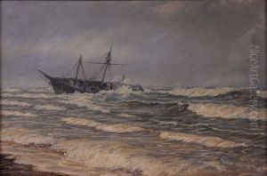 Coastal landscape with a beached ship. by Jens Drachmann