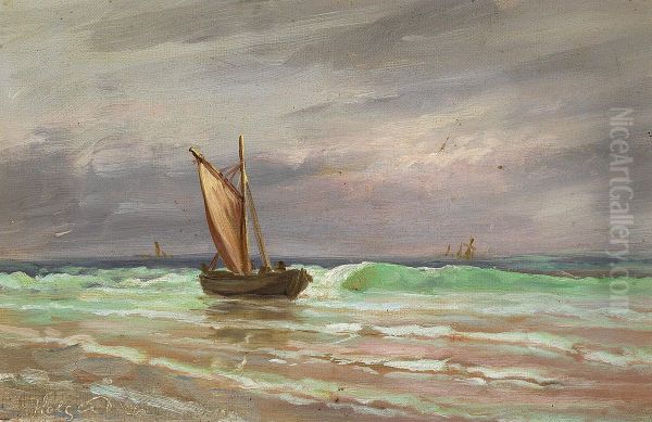 A sailing boat on the shoreline on a cloudy day. - view 1