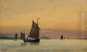 Fishing boats in calm weather. Evening. by Holger Drachmann