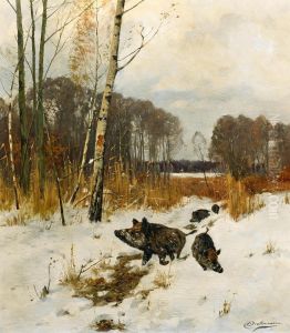 Wild boars in the snow by Johann Christopher Drathmann