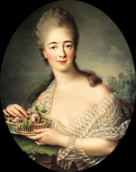 Portrait ofMadame du Barry(1743-1793) holding a woven basket of pink roses. - view 1