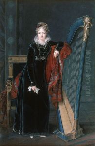 Portrait en pied d'une jeune femme blonde, en robe de velours noir accoudee a une harpe by Louis-Francois Aubry