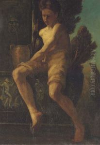 Young boy seated by a fountain