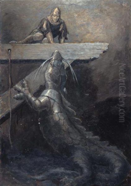 Dragon rearing up to reach medieval knight on ledge - view 1