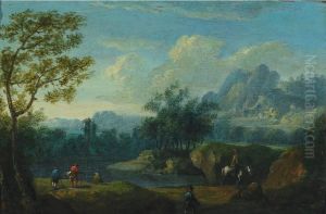 Wooded Landscape With Travellers And Figures Fishing by Johann Gabriel Canton