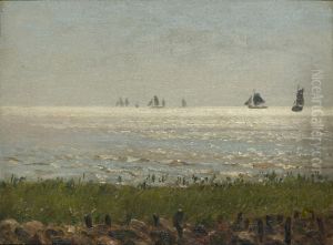 Ships at sea off the coast. by Wilhelm Xylander