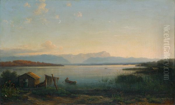 View of a lake with a man in a rowboat. - view 1