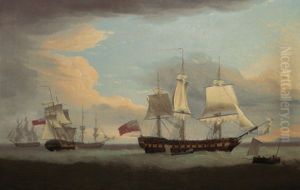 The East Indiaman ,,Hindostan" in company with ,,Indian Trader", ,,Ewretta" and ,,Nancy", ships employed in the Canada trade by Thomas Whitcombe