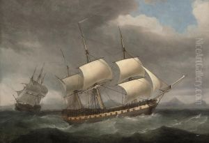 The Honourable [East India] Company's ship "Alnwick Castle" in two positions off a mountainous shore by Thomas Whitcombe