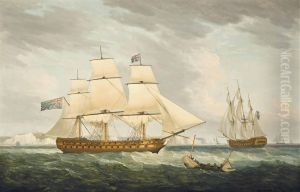 H.M.S. Bombay Castle, in two positions, in the Channel off Dover by Thomas Whitcombe